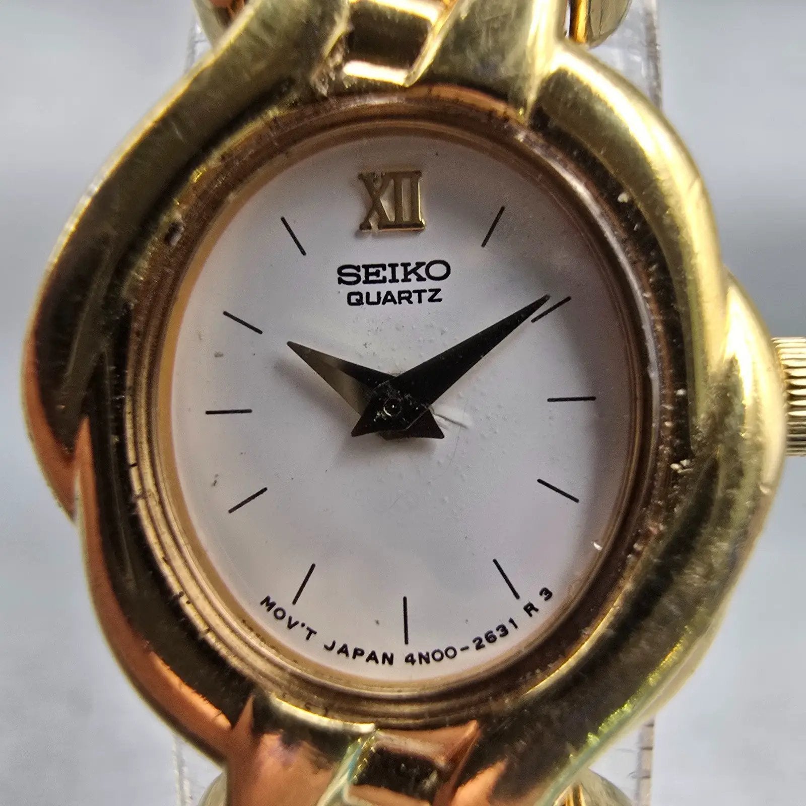 Seiko Watch Women 18mm White Dial Gold Tone Oval 4N00-F080 New Battery Vintage1