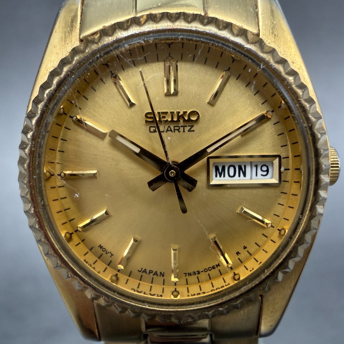Seiko Watch Women 25mm Gold Dial Gold Tone Daydate Round 7N83-0041 New Battery 71