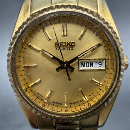 Seiko Watch Women 25mm Gold Dial Gold Tone Daydate Round 7N83-0041 New Battery 71