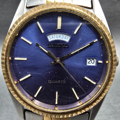 Seiko President Watch Men 35mm Blue Dial Two Tone Daydate Round 7N43-8111 NewBat1