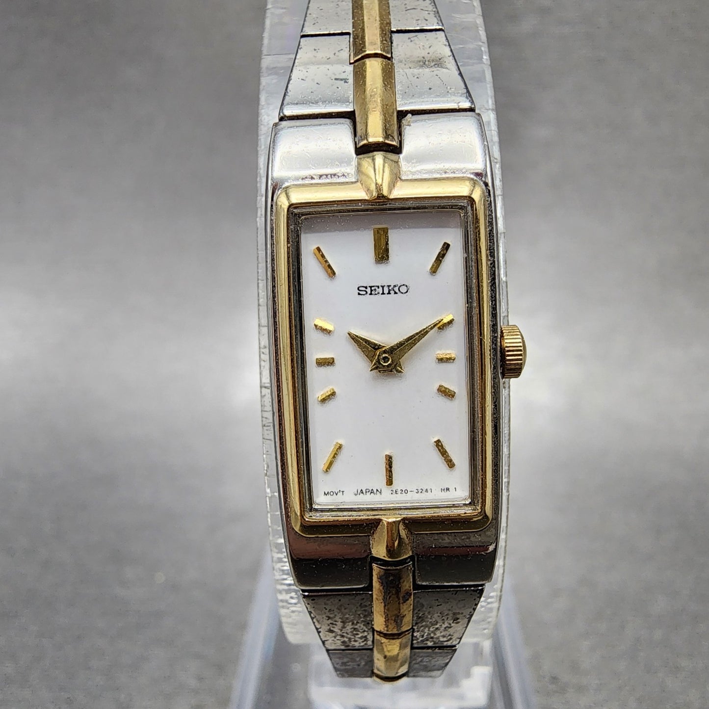 Seiko Tank Watch Women 13mm White Dial two Tone Rectangle 2E200AY0 New Battery0