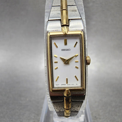 Seiko Tank Watch Women 13mm White Dial two Tone Rectangle 2E200AY0 New Battery0