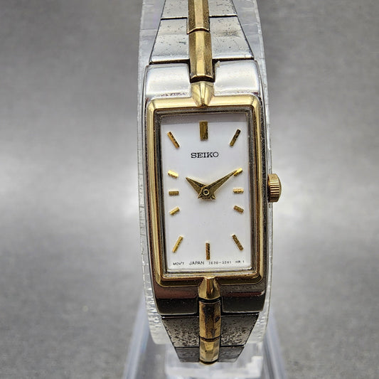 Seiko Tank Watch Women 13mm White Dial two Tone Rectangle 2E200AY0 New Battery0