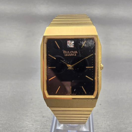 Bulova Tank Watch Men 27mm Black Dial Gold Tone Rectangle 92N76 New Battery VTG0