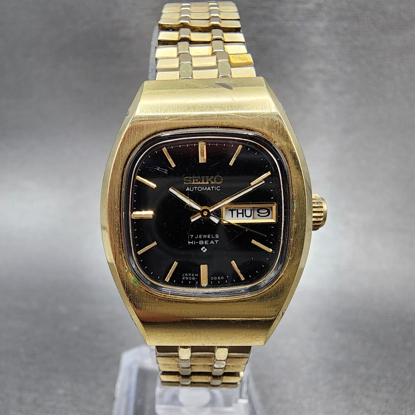 Seiko Automatic Watch Women 25mm Black Dial Gold Tone Daydate Rectangle Runs0