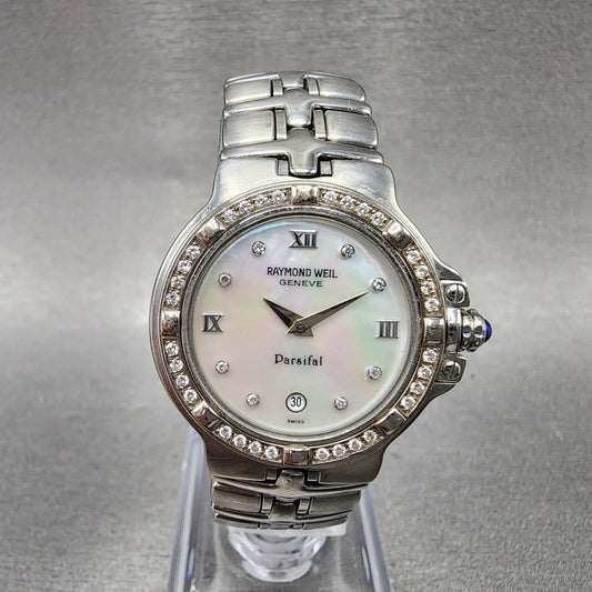 Raymond Weil Parsifal Watch Women 27mm MOP Dial Steel Diamond Bezel Date READ!!!0