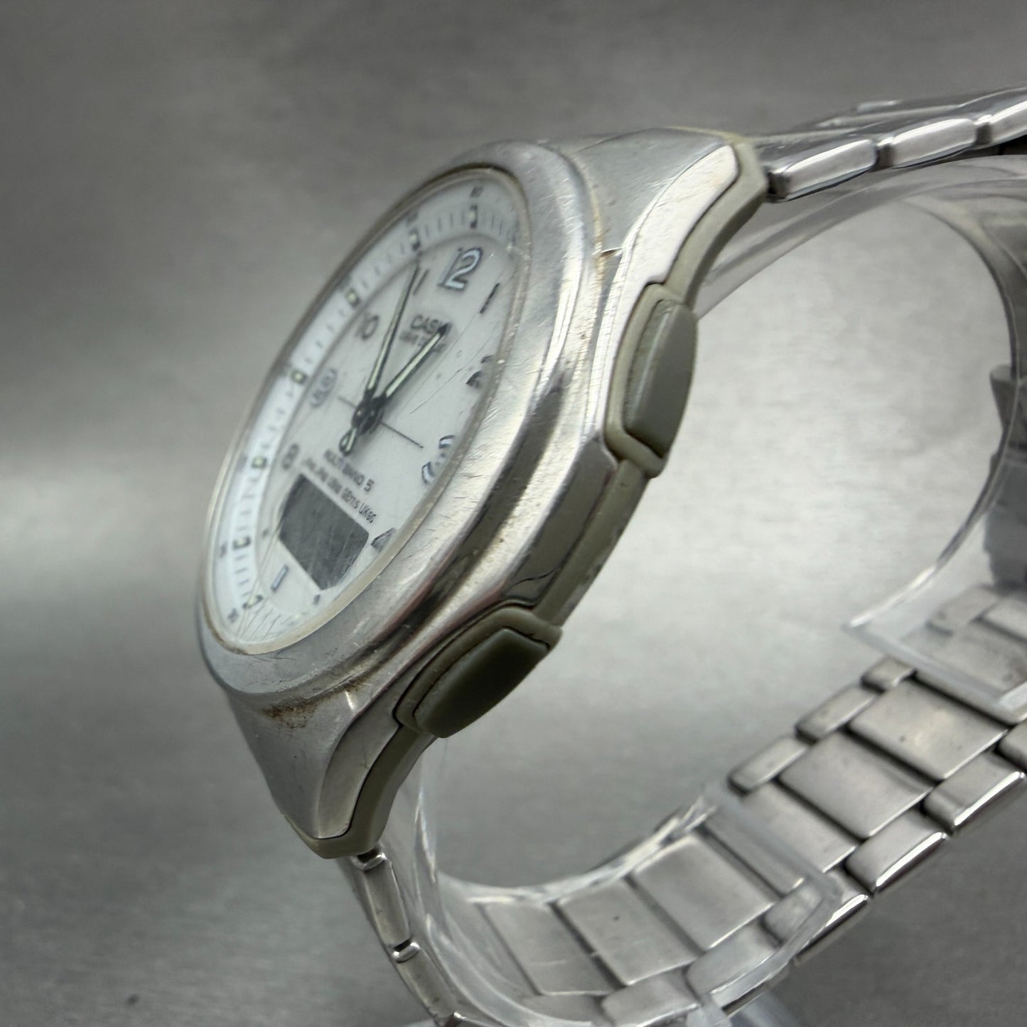 Casio Wave Ceptor Solar Watch Men 41mm White Dial Analog Digital Steel Runs ABC2