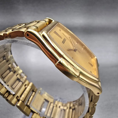 Seiko Watch Men 31mm Gold Dial Gold Tone Rectangle V701-5220 New Battery Vintage3