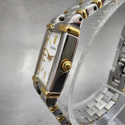 Seiko Tank Watch Women 13mm White Dial two Tone Rectangle V2200ab0 New Battery2