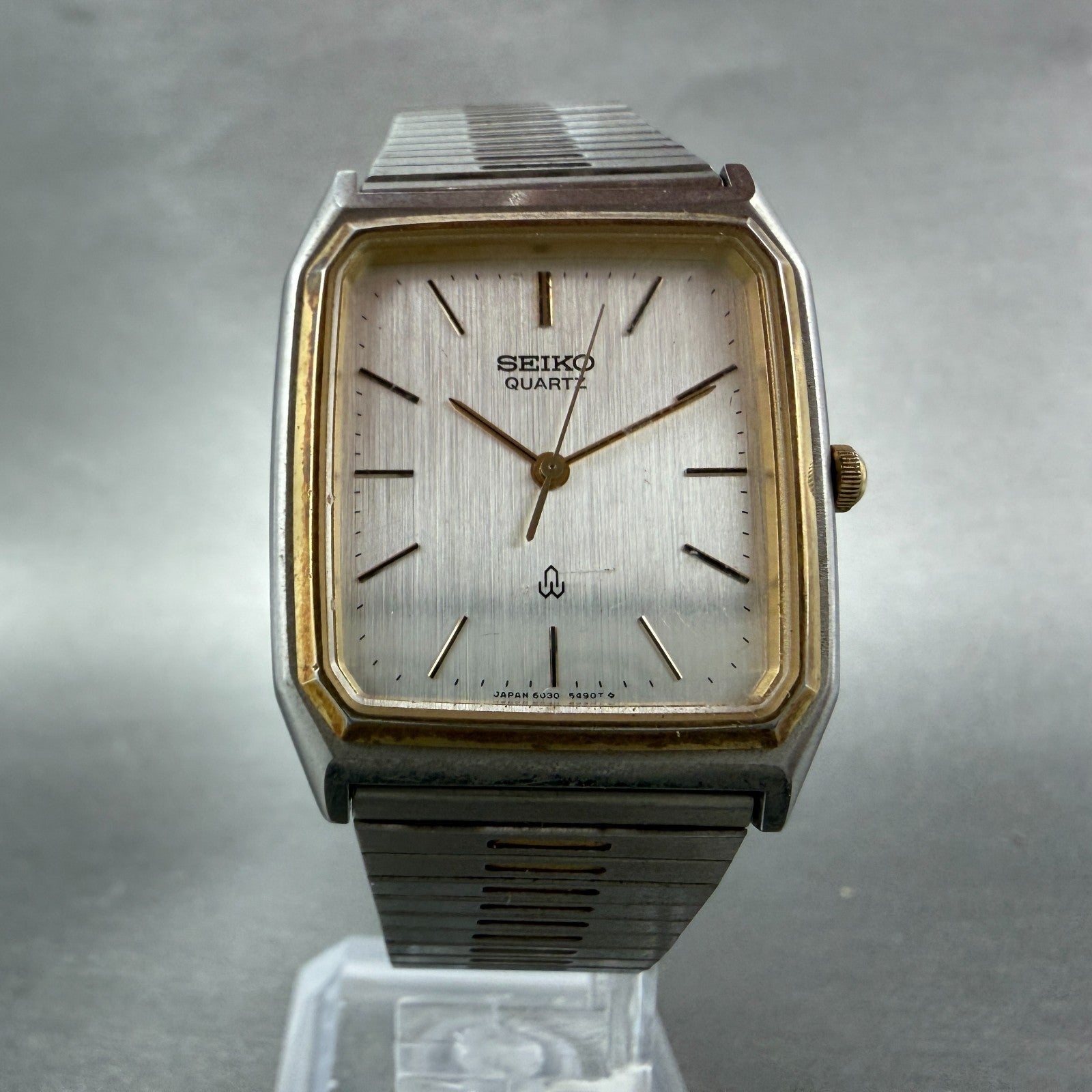 Seiko Tank Watch Men 29mm Silver Dial Two Tone Rectangle 6030-5430 New Battery 25