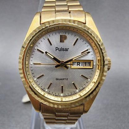 Pulsar President Watch Women 24mm Gold Dial Gold Tone Daydate Round New Batt NOS3