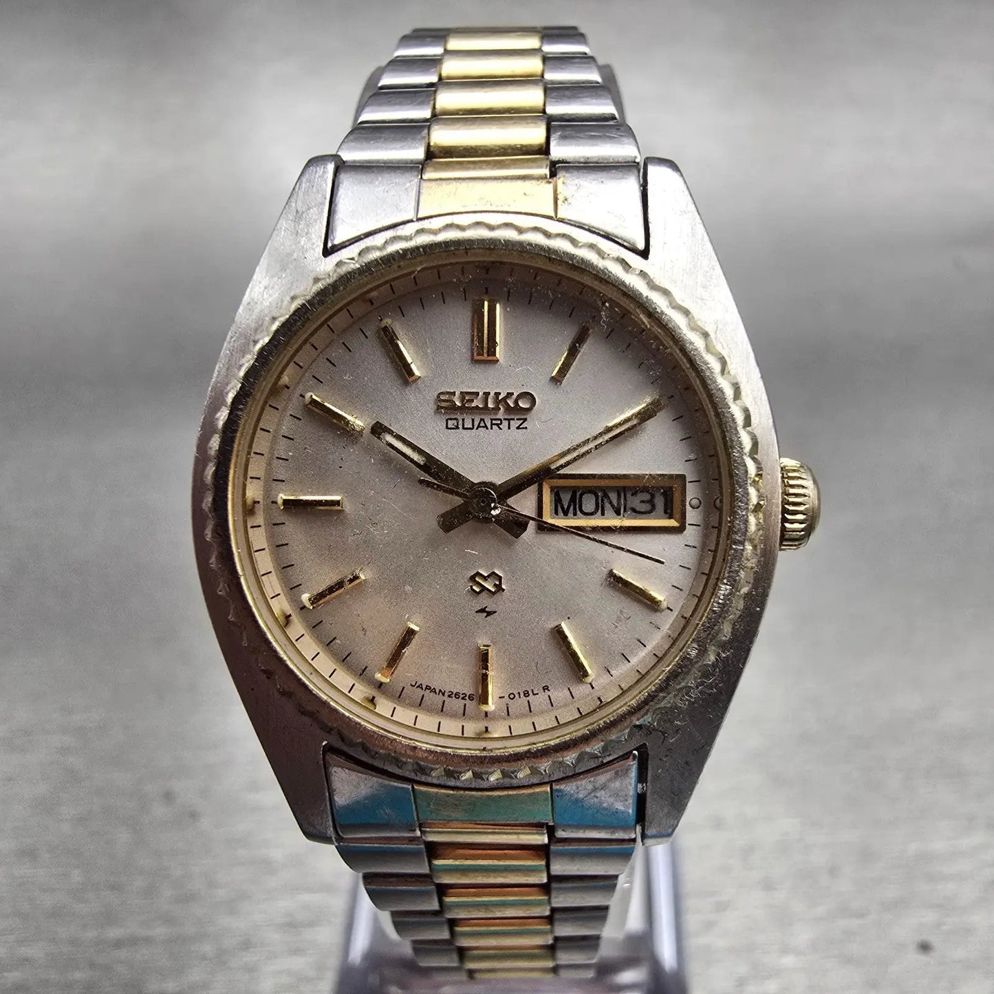 Seiko SQ Watch Women 24mm Silver Dial Two Tone Daydate Round 2626-0159 New Batt0