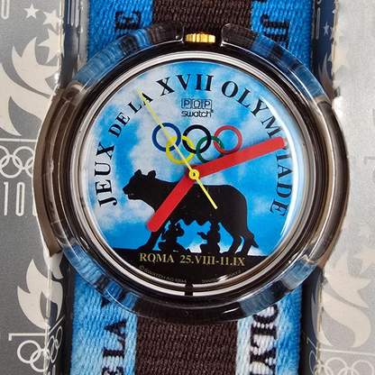 Swatch Pop Roma 1960 Watch Men 40mm Blue Dial Brown Case PMZ101 New Battery NOS1