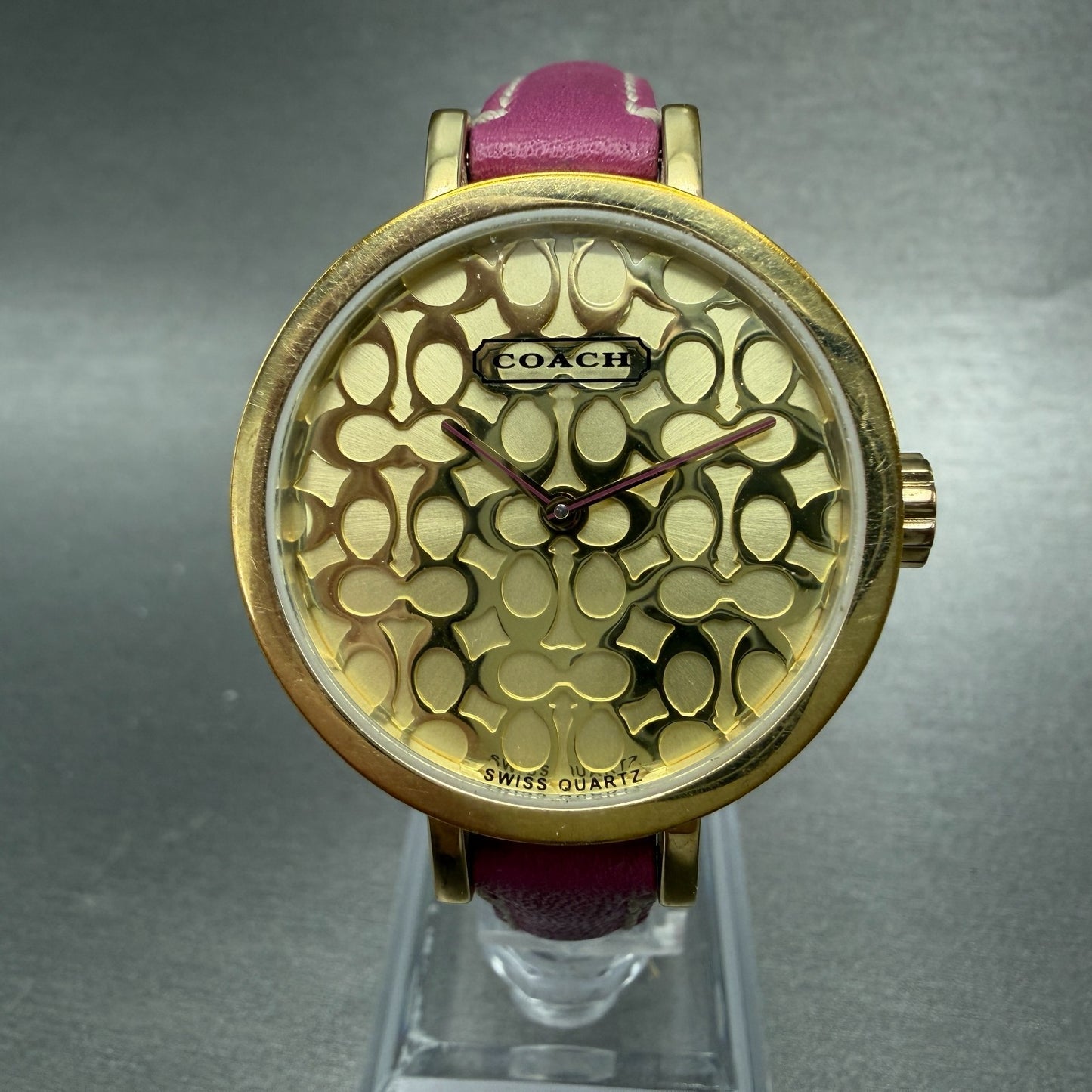 Coach Watch Women 33mm Gold Dial Gold Tone Round Pink Band New Battery0