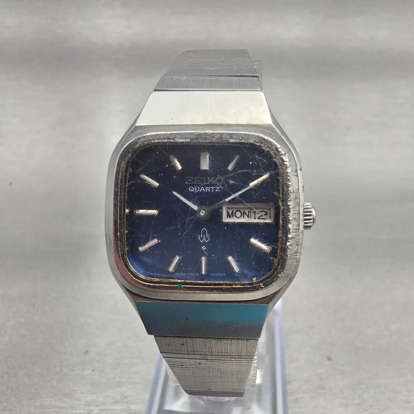 Seiko Watch Women 24mm Blue Dial Silver Tone Daydate Rectangle 7903-5000 New Bat0