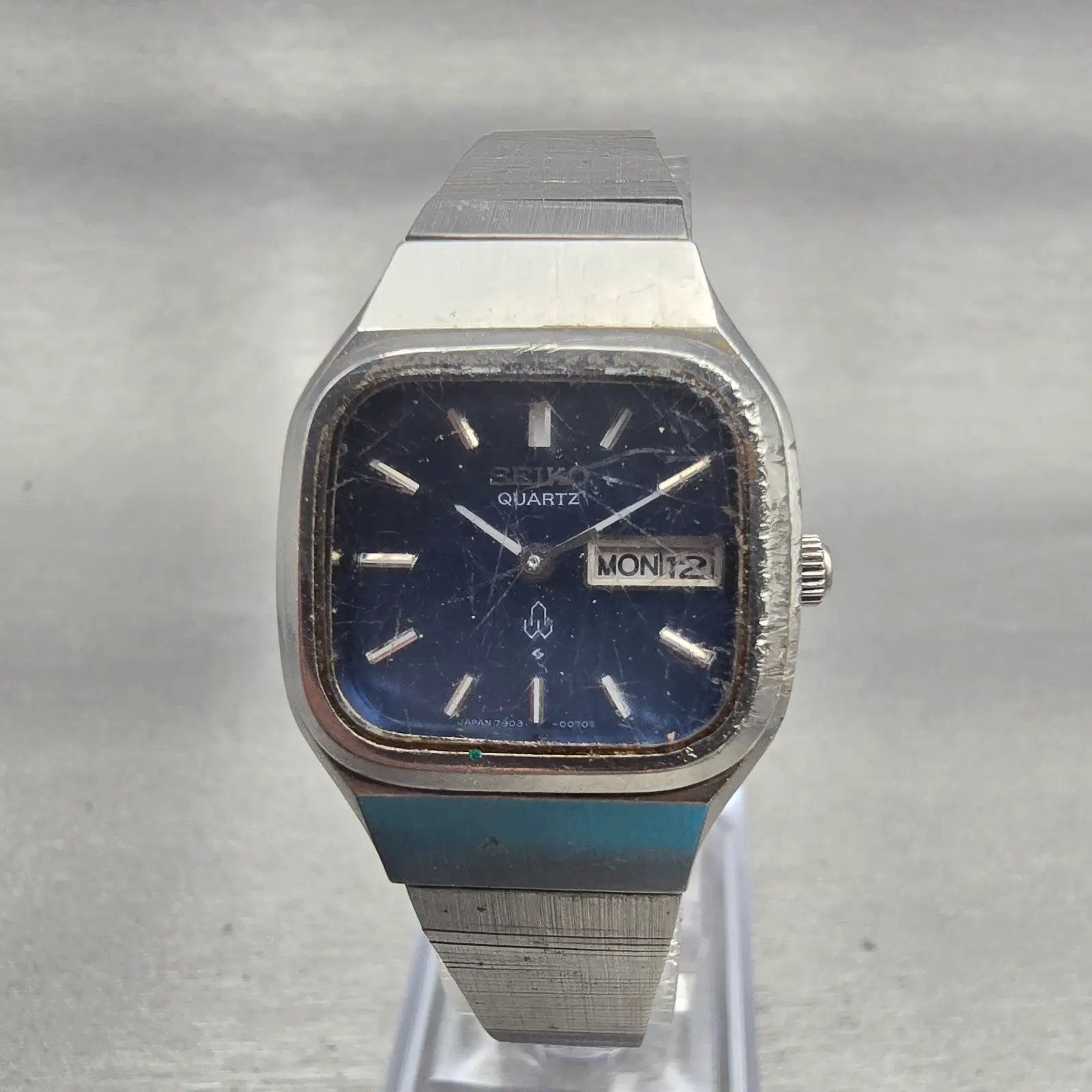 Seiko Watch Women 24mm Blue Dial Silver Tone Daydate Rectangle 7903-5000 New Bat0