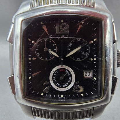 Tommy Bahama Chronograph Watch Men 38mm Black Dial Steel Daydate TB1045 New Batt1
