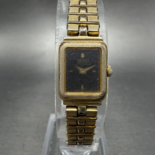 Seiko Tank Watch Women 13mm Black Dial Gold Tone Rectangle 1e20-5689 New Battery0