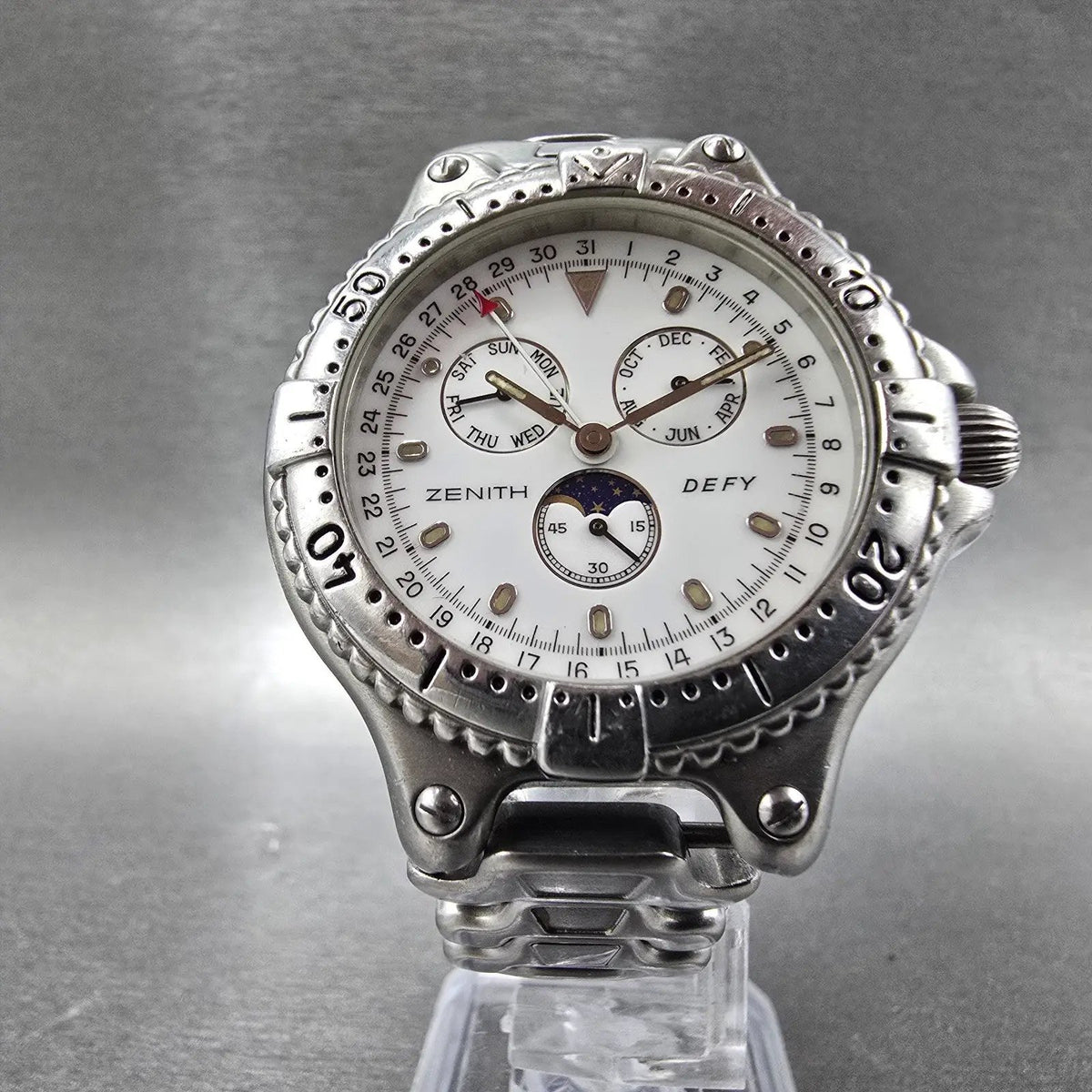 Zenith Defy Triple Calendar Moon phase Watch Men 38mm White Dial Steel New Batt5