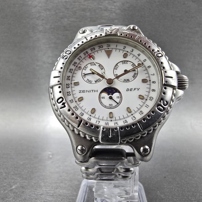 Zenith Defy Triple Calendar Moon phase Watch Men 38mm White Dial Steel New Batt5
