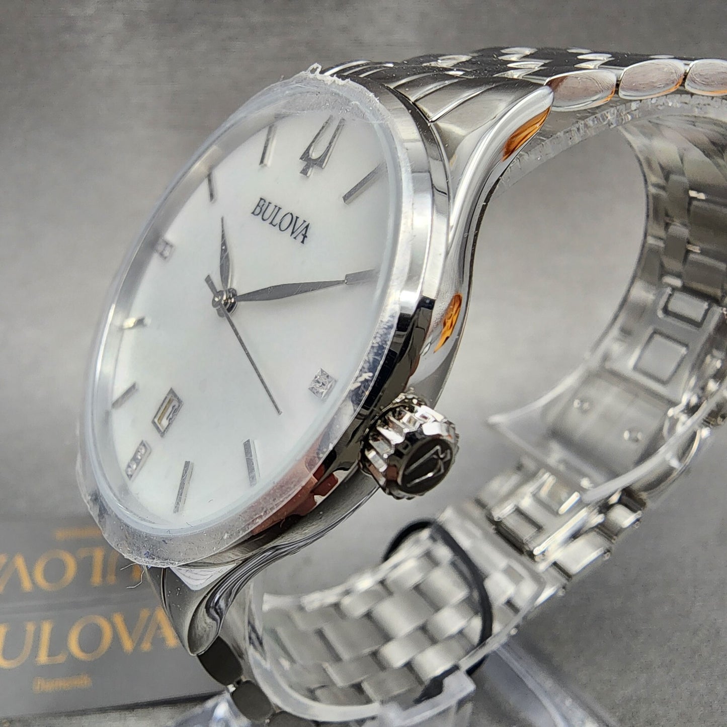 Bulova Sutton Watch Women 36mm Mop Dial Steel Diamonds Date Round 96P2202