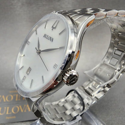 Bulova Sutton Watch Women 36mm Mop Dial Steel Diamonds Date Round 96P2202
