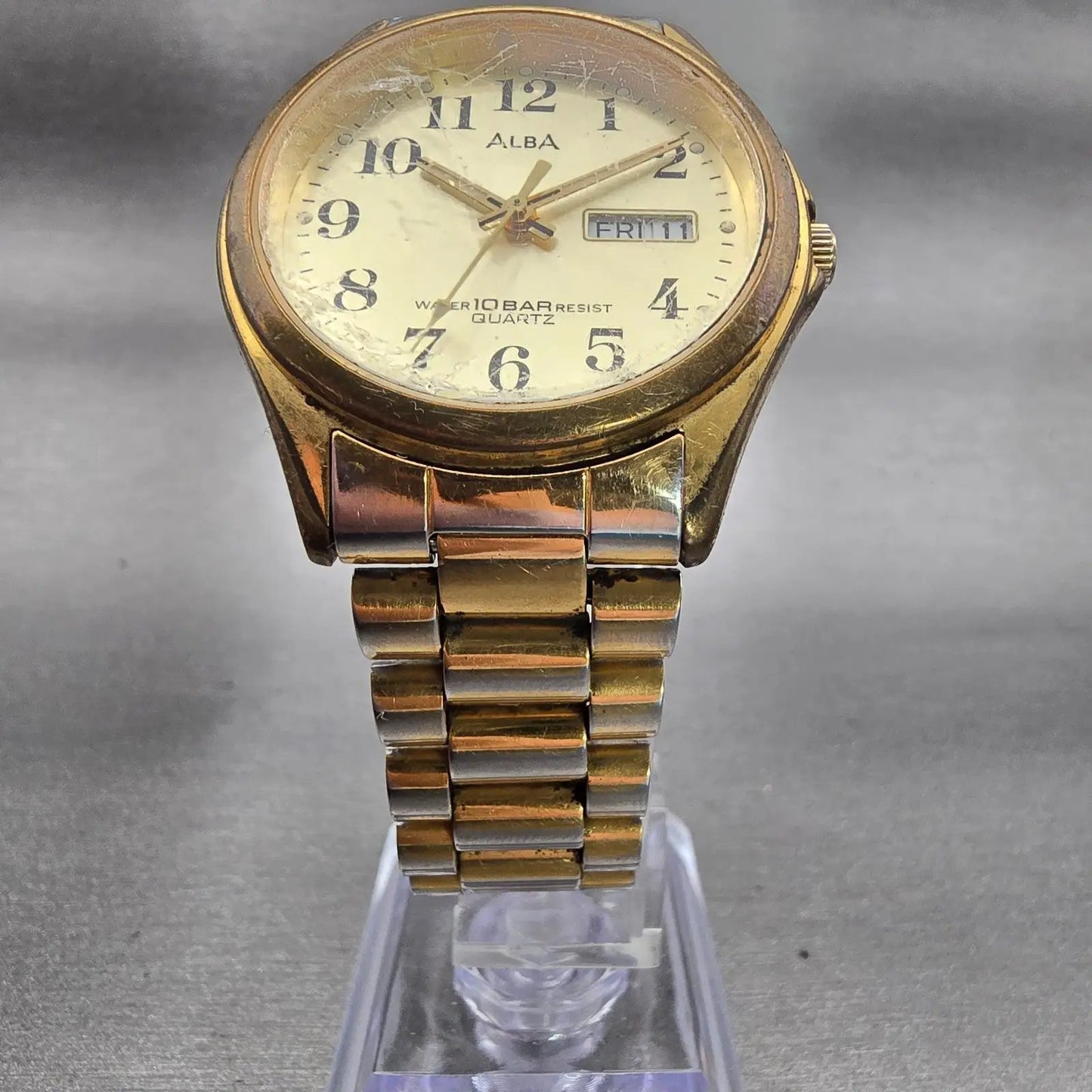 Seiko Alba Watch Men 35mm Champagne Dial Two Tone Daydate V733-7A70 New Battery5