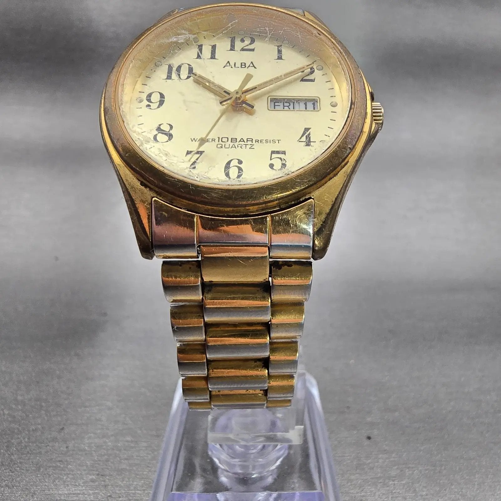 Seiko Alba Watch Men 35mm Champagne Dial Two Tone Daydate V733-7A70 New Battery5