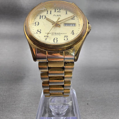 Seiko Alba Watch Men 35mm Champagne Dial Two Tone Daydate V733-7A70 New Battery5