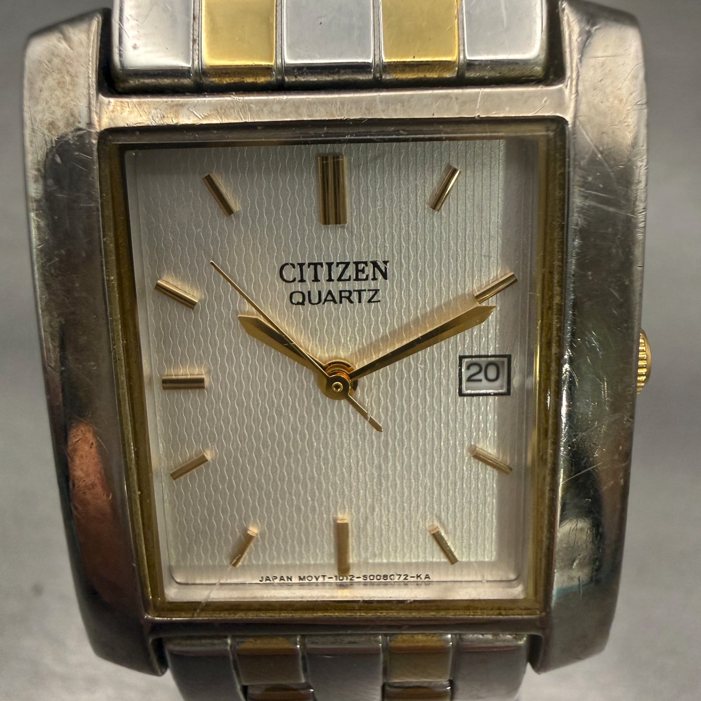 Citizen Watch Men 27mm Silver Dial Two Tone Date Rectangle 1012-S004489 New Batt1