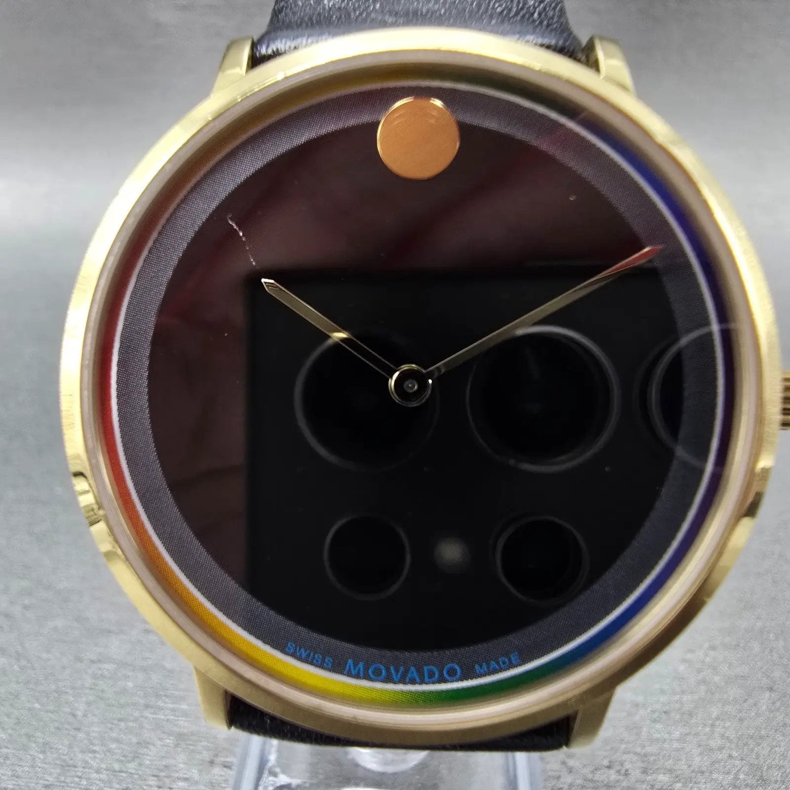 Movado Modern 47 Watch Men 40mm Black Dial Gold Tone Round 0607503 New Battery1