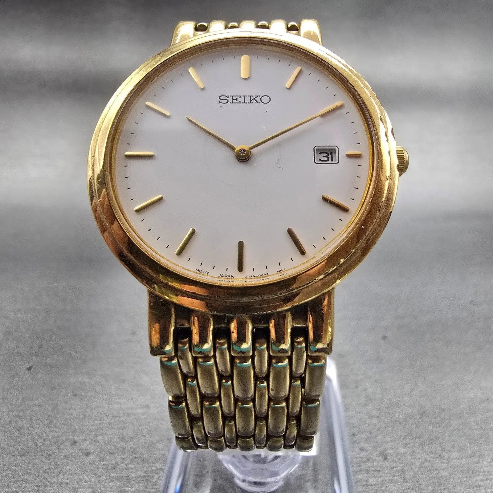 Seiko Watch Men 33mm White Dial Gold Tone Date Round V739-0A59 New Battery VTG5