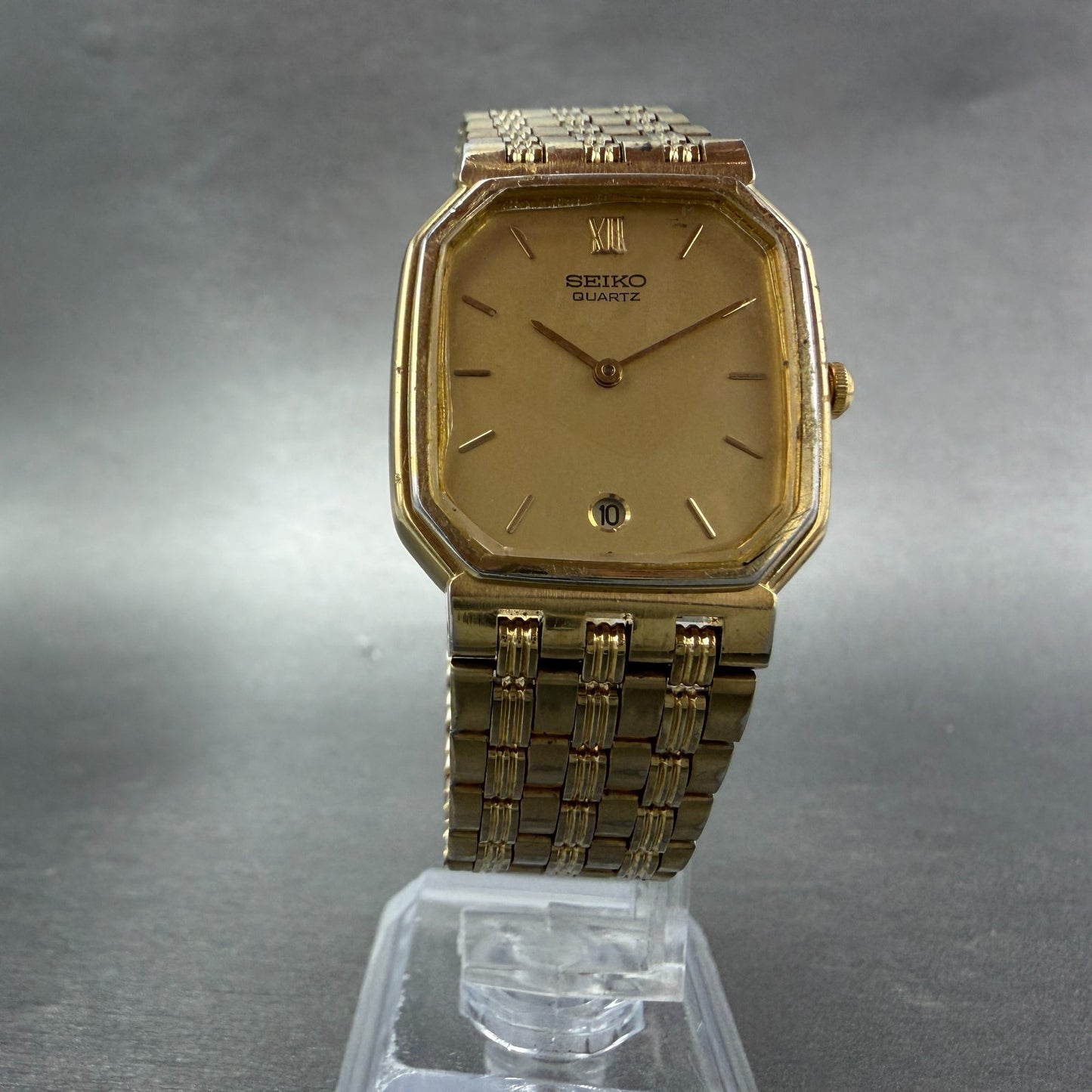 Seiko Watch Men 28mm Champagne Dial Gold Tone Date Octagon 5P39-5B49 New Battery5