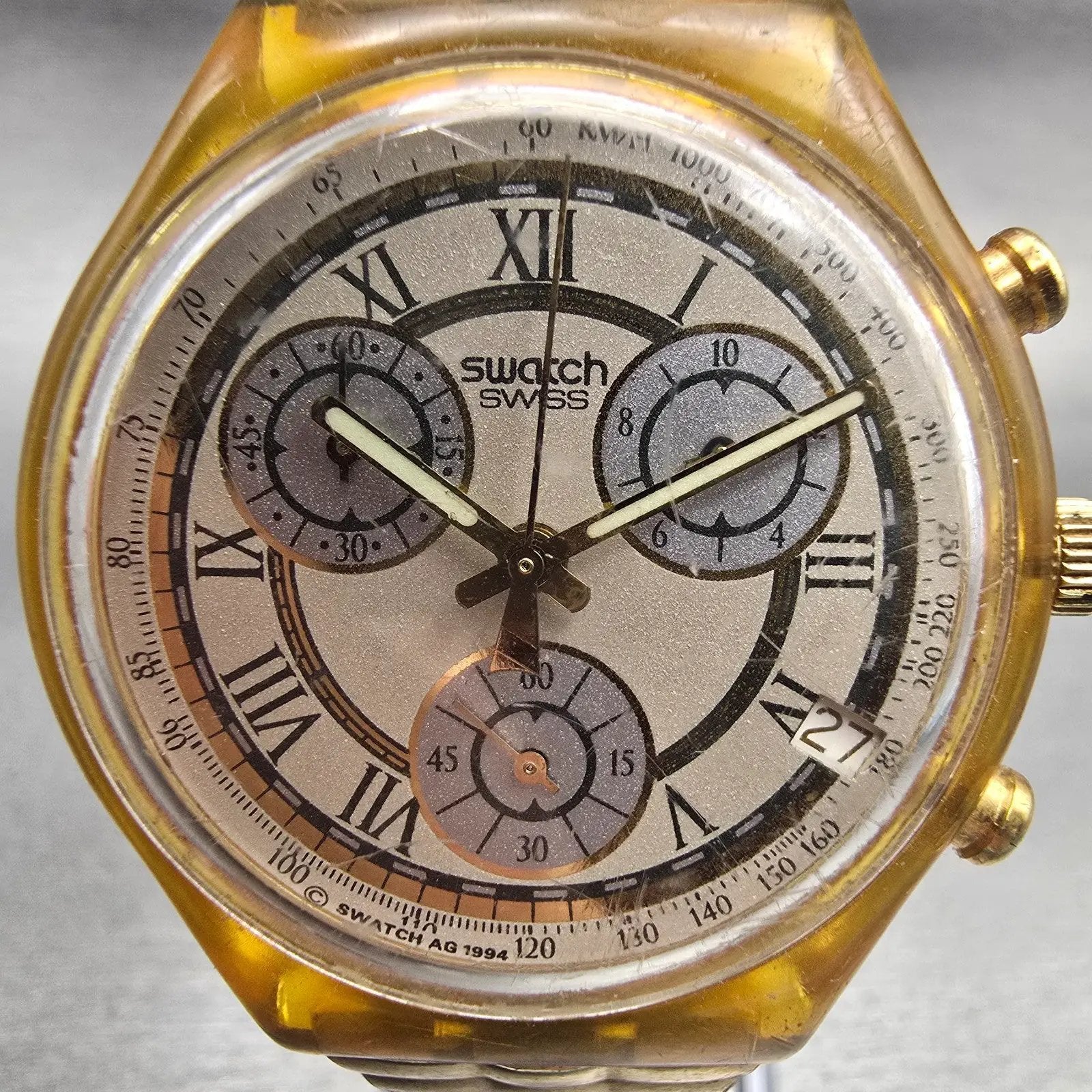 Swatch Chronograph Clocher Watch Men Champagne Dial Date SJC400 New Battery1
