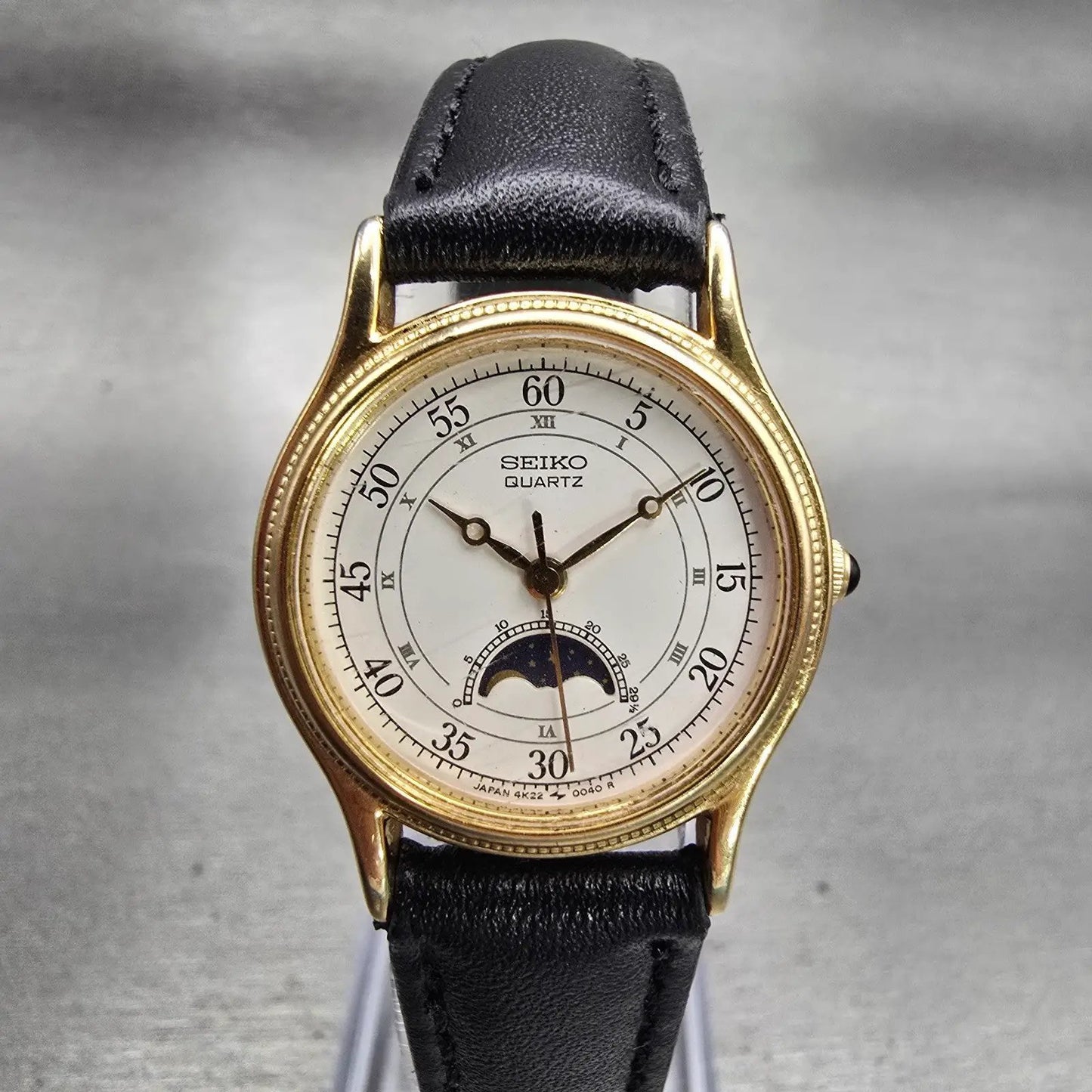 Seiko Moon Phase Watch Women 24mm White Dial Gold Tone 4K22-0050 New Battery VTG0