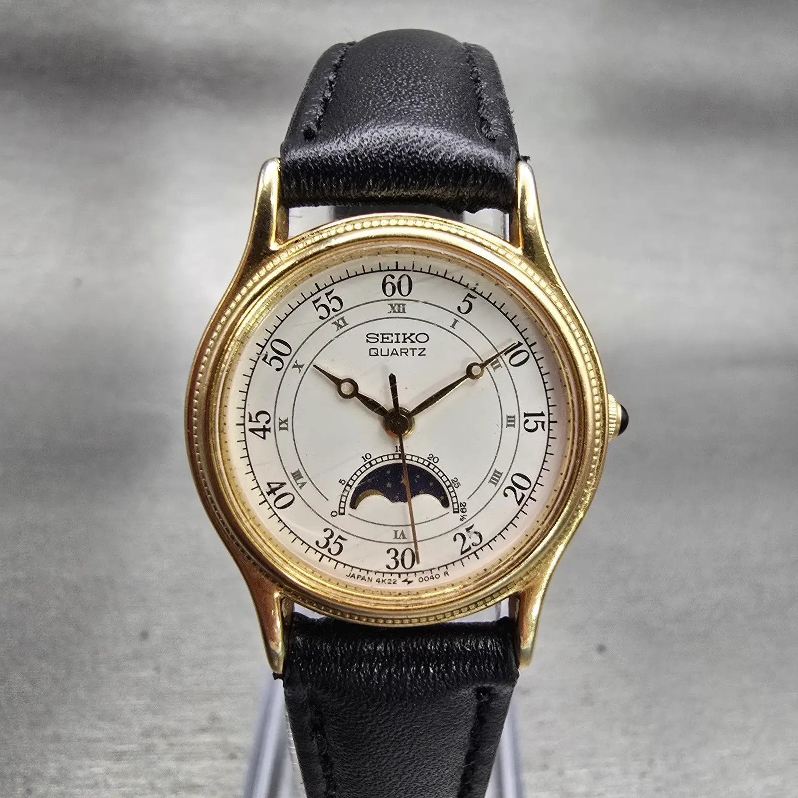 Seiko Moon Phase Watch Women 24mm White Dial Gold Tone 4K22-0050 New Battery VTG0