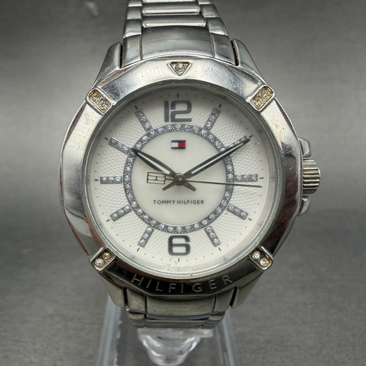 Tommy Hilfiger Watch Women 34mm White Dial Silver Tone Round Crystal New Battery0