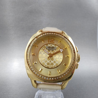 Coach Boyfriend Watch Women Champagne Dial Gold Tone Round Leather New Battery5
