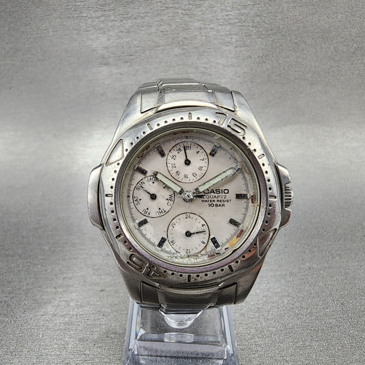 Casio MTD1046 Dive Watch Men 38mm Silver Dial Silver Tone Daydate PARTS0