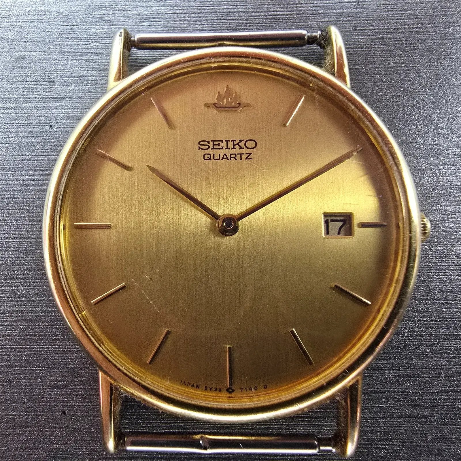Seiko Watch Men 32mm Gold Dial Gold Tone Date Round 5Y39-7010 VTG PARTS2