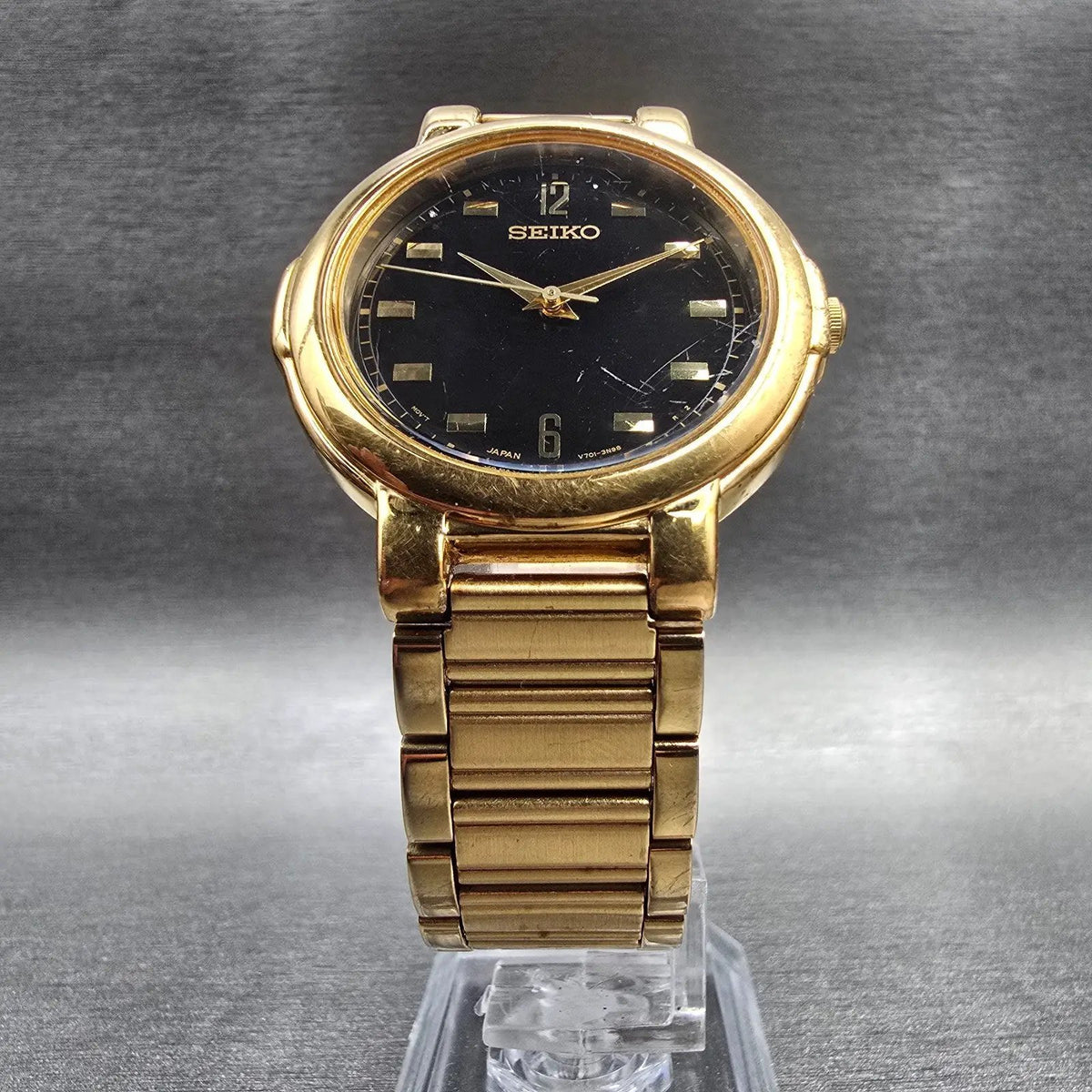 Seiko Watch Men 35mm Black Dial Gold Tone Round V701-2F30 New Battery Vintage JP5
