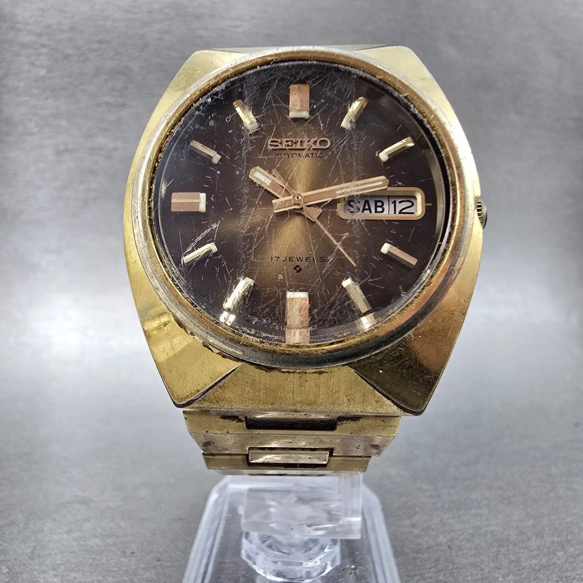 Seiko Automatic Watch Men 37mm Brown Dial Gold Tone Daydate 6309-7009 Runs VTG5