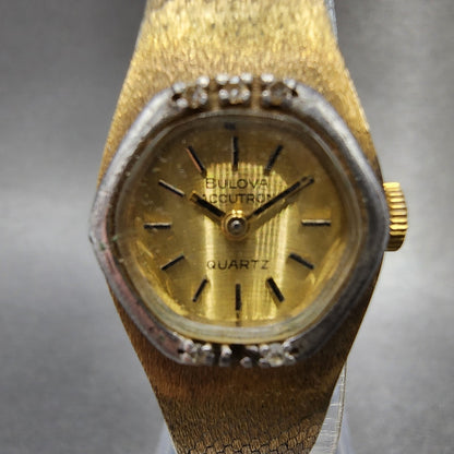 Bulova Accutron Watch Women 18mm Gold Dial Gold Tone Diamond Bezel New Battery1