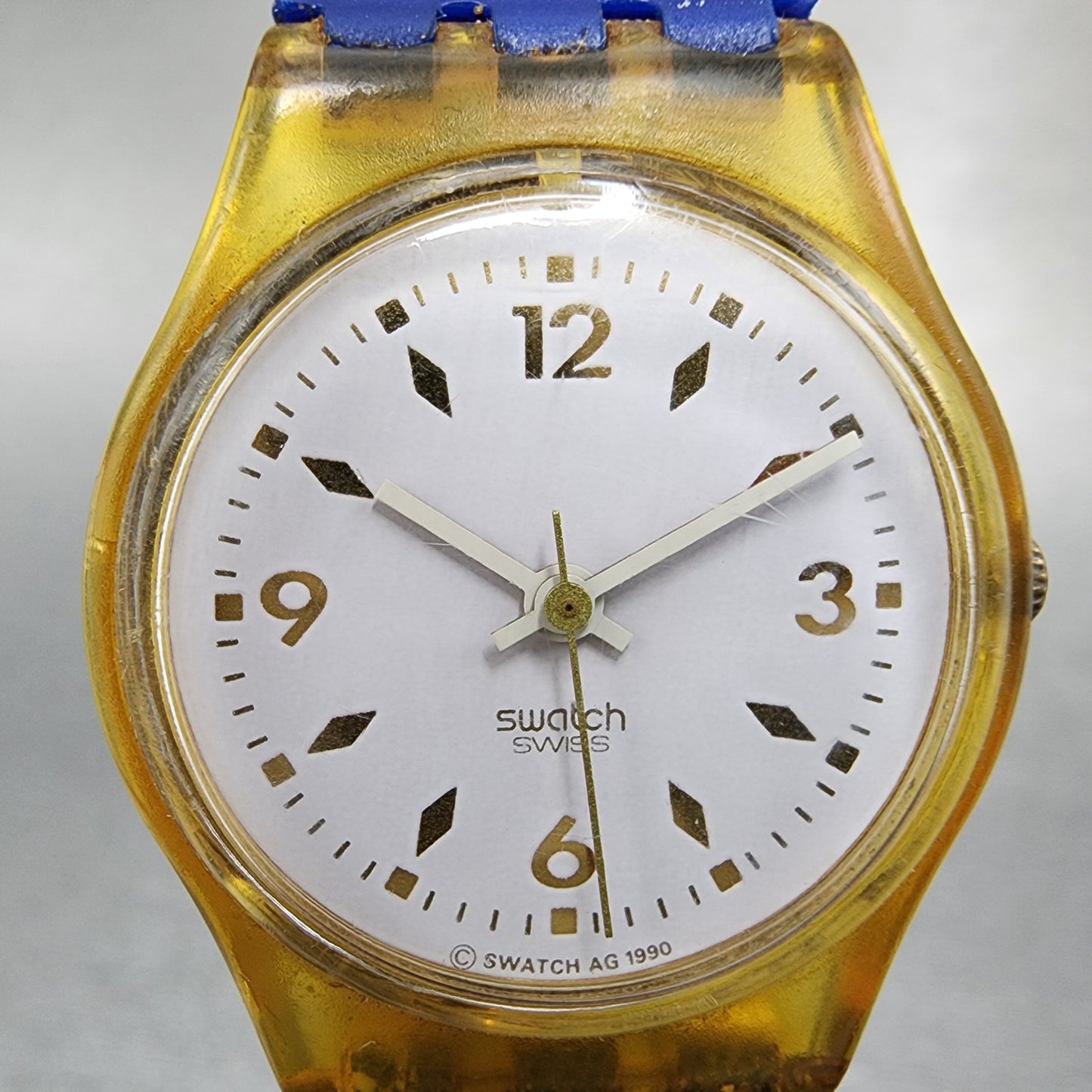 Swatch Gold Bride Watch Women 25mm White Dial Clear Case Round LK123 New Battery1