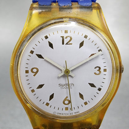 Swatch Gold Bride Watch Women 25mm White Dial Clear Case Round LK123 New Battery1