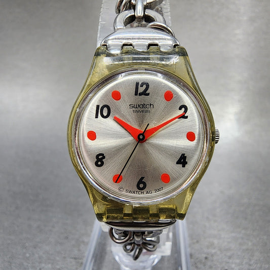 Swatch Me And My Shoes Watch Women 25mm Silver Dial Clear Case Round New Battery0