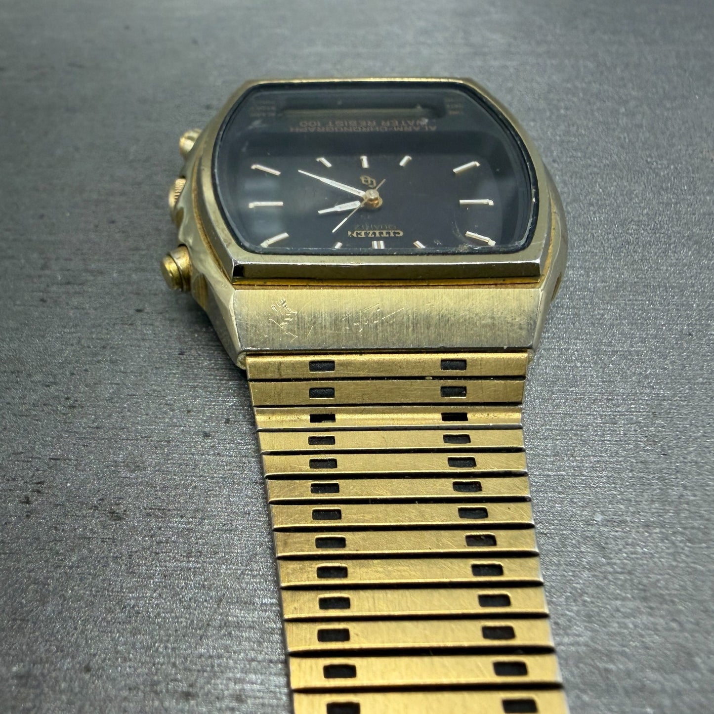 Citizen Analog Digital Watch Men 35mm Black Dial Gold Alarm Chrono 4-082699 PART5