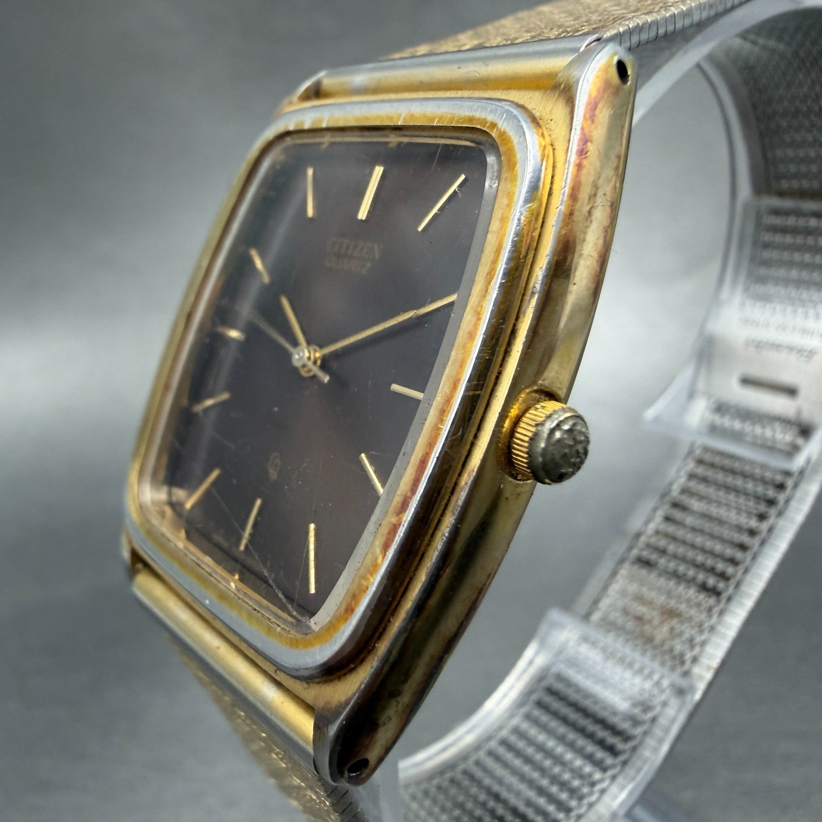 Citizen CQ Tank Watch Men 28mm Brown Dial Gold Tone Rectangle 4-213734 Newbat2