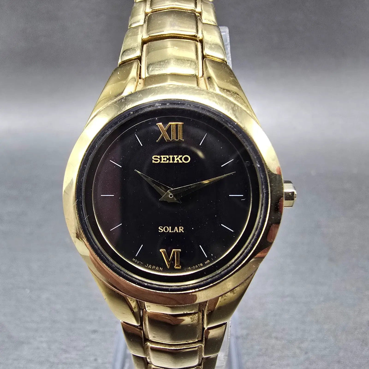Seiko Solar Watch Women 26mm Black Dial Gold Tone Round V115-0AJ0 Works0