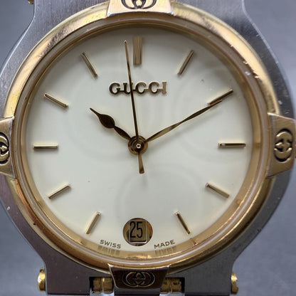 Gucci 9000M Watch Men 32mm Cream Dial Two Tone Date Round Bracelet New Battery 31